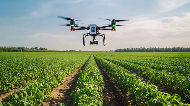 A modern automated farming system, AI-controlled drones monitoring crops, Agricultural tech style