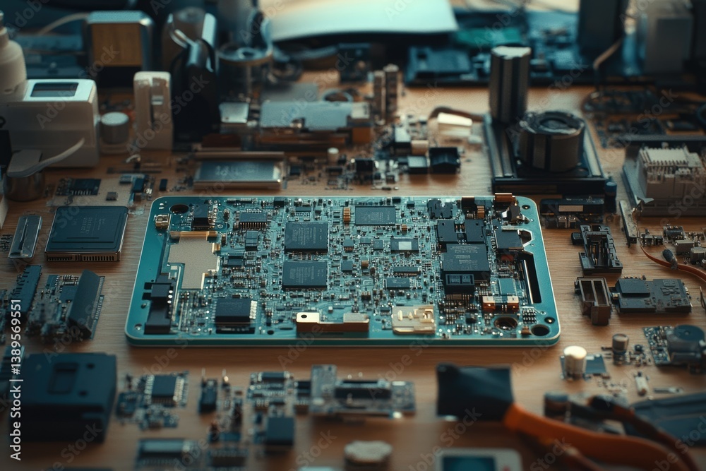 Poster a complex arrangement of electronic components, microchips, and circuit boards, creating a technical