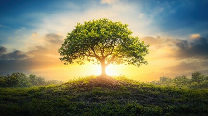 Fototapeta premium Sunrise illuminates majestic tree in lush landscape nature scene tranquil environment serene viewpoint