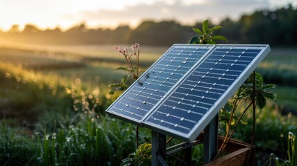 Close-up of a single solar panel covered in morning dew, surrounded by nature, soft sunrise light hitting the surface.
