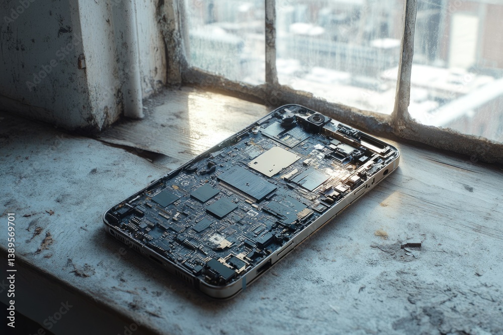 Aufkleber disassembled smartphone revealing intricate internal components resting on a weathered windowsill wi