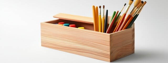 Wooden Art Box with Paint Brushes and Colorful Paints Displayed
