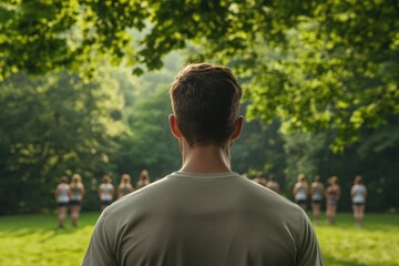 Focused gaze towards group in nature, capturing connection and u