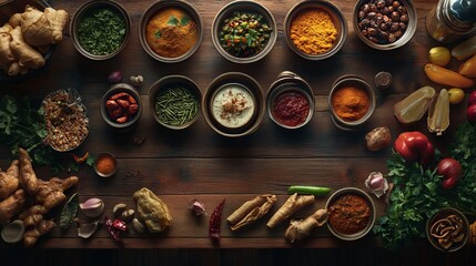 Overhead shot of assorted spices herbs and condiments in bowls on a wooden surface table