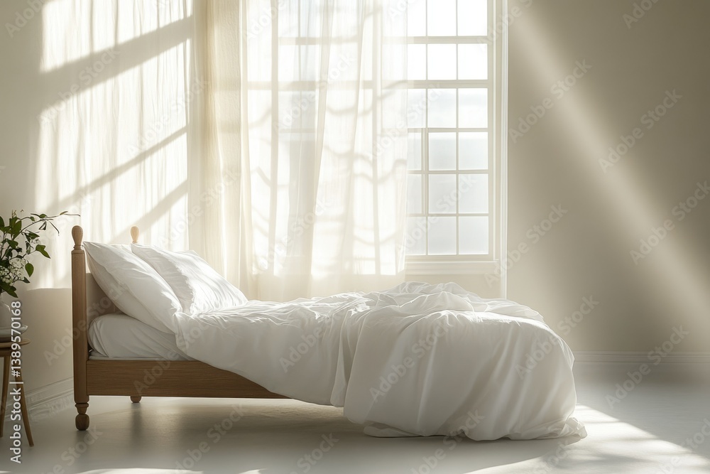Poster sunlit bedroom scene with a made bed and sheer curtains filtering light, creating a serene and invit