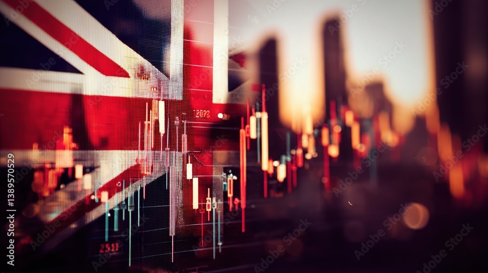 Wall mural uk flag background with stock exchange trading graphs and data