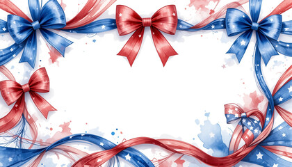 Festive watercolor frame with red, white, and blue bows and stars for patriotic celebrations