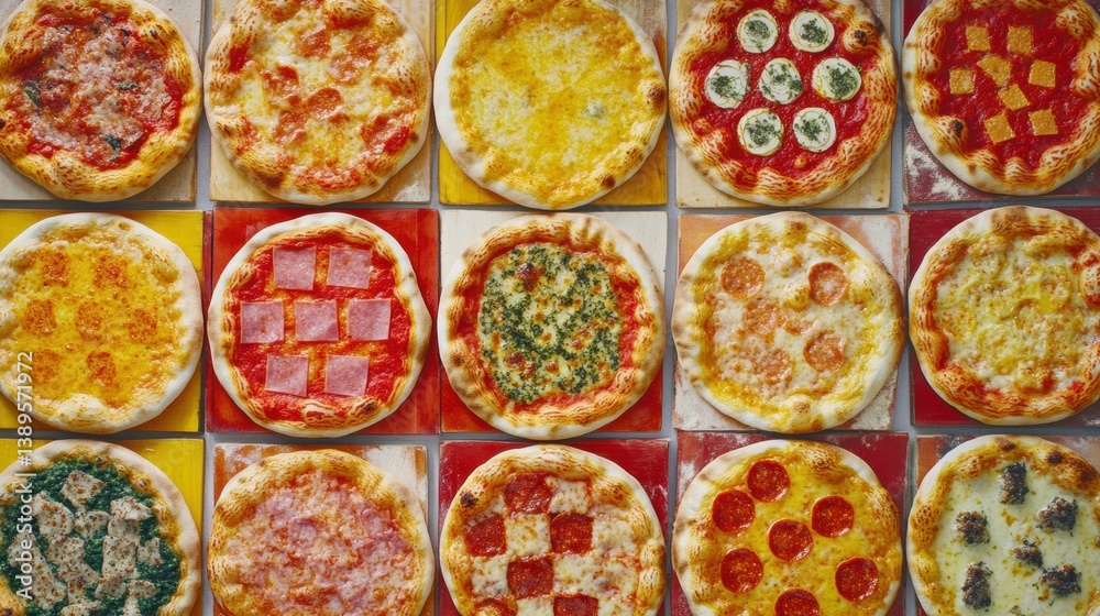 Poster Colorful array of pizzas arranged in a vibrant chessboard pattern featuring various toppings and sauces, perfect for any gathering or event