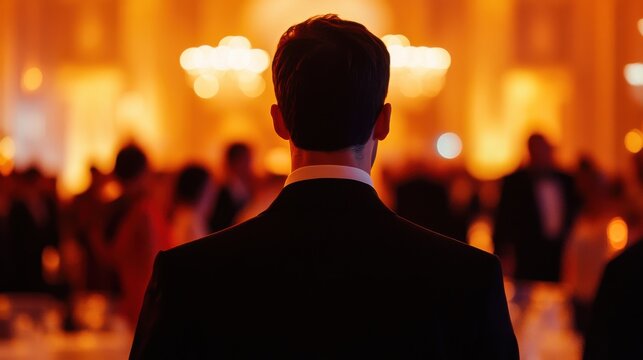 A sophisticated stock image featuring a man in a suit at a gala or formal event. The image conveys a sense of elegance, mystery, and the allure of high society,