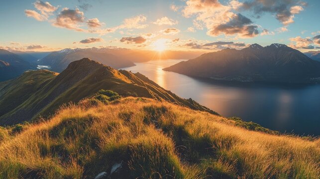 Sunrise panorama over a mountain range with serene lake views