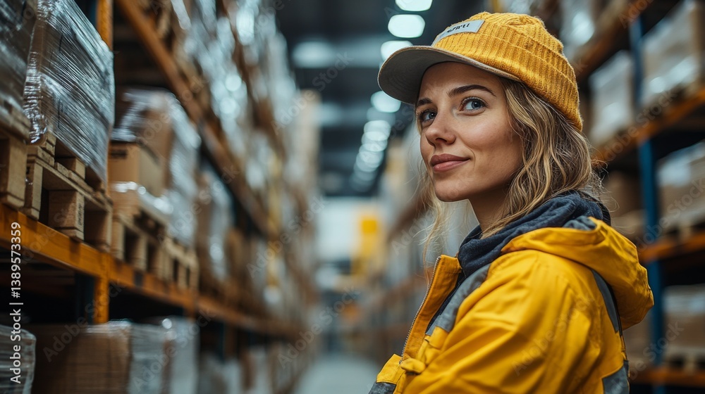 Poster warehouse professional wearing a yellow cap and jacket surveys the aisles filled with goods in a mod