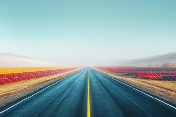 A road cuts through a landscape dotted with solar panels under a hazy sky, converging in distance.