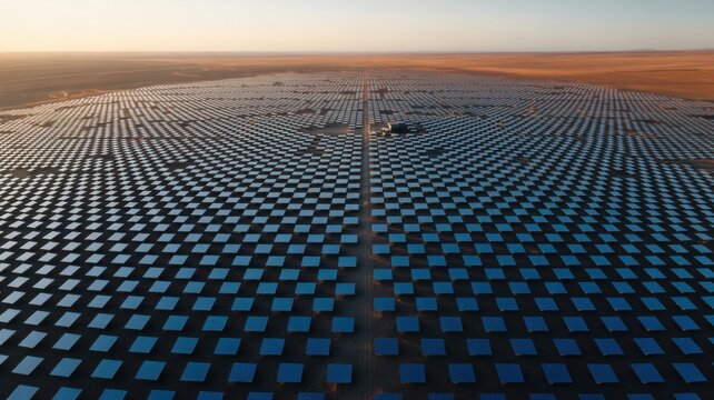Top-down drone view of a solar energy farm forming geometric patterns in the desert, strong contrast of blue panels and warm sand.