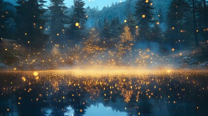 Naklejka premium Magical fireflies illuminate misty forest lake at dusk