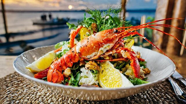 Vibrant lobster salad featuring boiled eggs, tomatoes, corn, lettuce, arugula on crisp white restaurant plate.