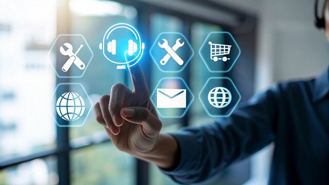 Technical support and customer service concept. Digital icon representing technical support, customer service, and 24/7 assistance. Business technology solutions for global support, service management