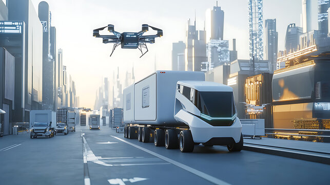 A next gen AI driven autonomous delivery system, drones and self-driving trucks delivering packages efficiently in a smart city, Logistics tech style