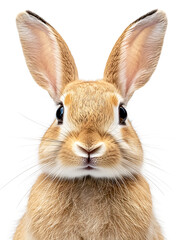 Naklejka premium Close-up portrait of a tan rabbit with wide eyes and long ears isolated on a clean white background.