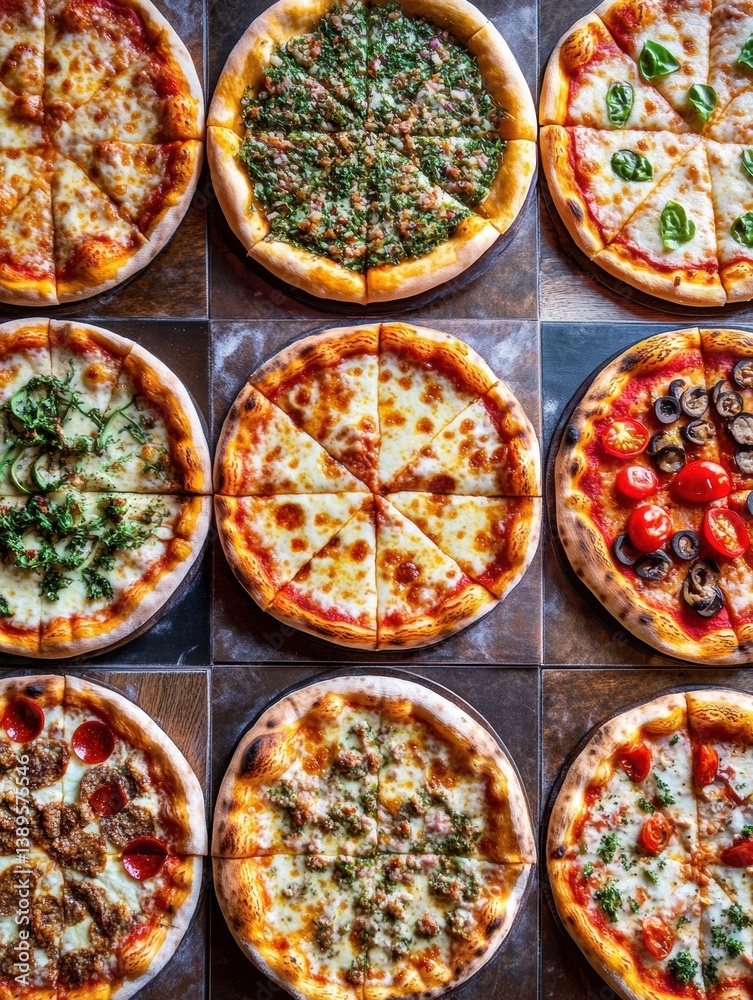 Poster Overhead view of multiple pizzas arranged in a colorful chessboard pattern with various toppings and vibrant sauce contrasts