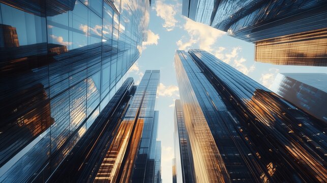 Worm's eye view of modern glass skyscrapers reaching high towards a partly cloudy sky above them - Powered by Adobe