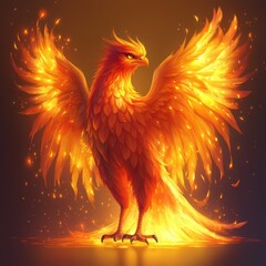 A magnificent creature with fiery wings and burning feathers is present