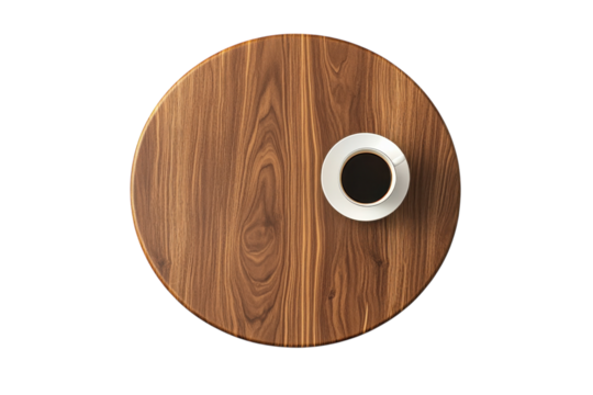 Dark coffee on rich wood circle simple elegance overhead shot minimalist design clean background