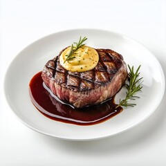 Juicy Grilled Ribeye Steak with Herb Butter on a White Plate, Garnished with Fresh Rosemary, Rich Red Wine Reduction Sauce, Elegant Presentation and Culinary Delight