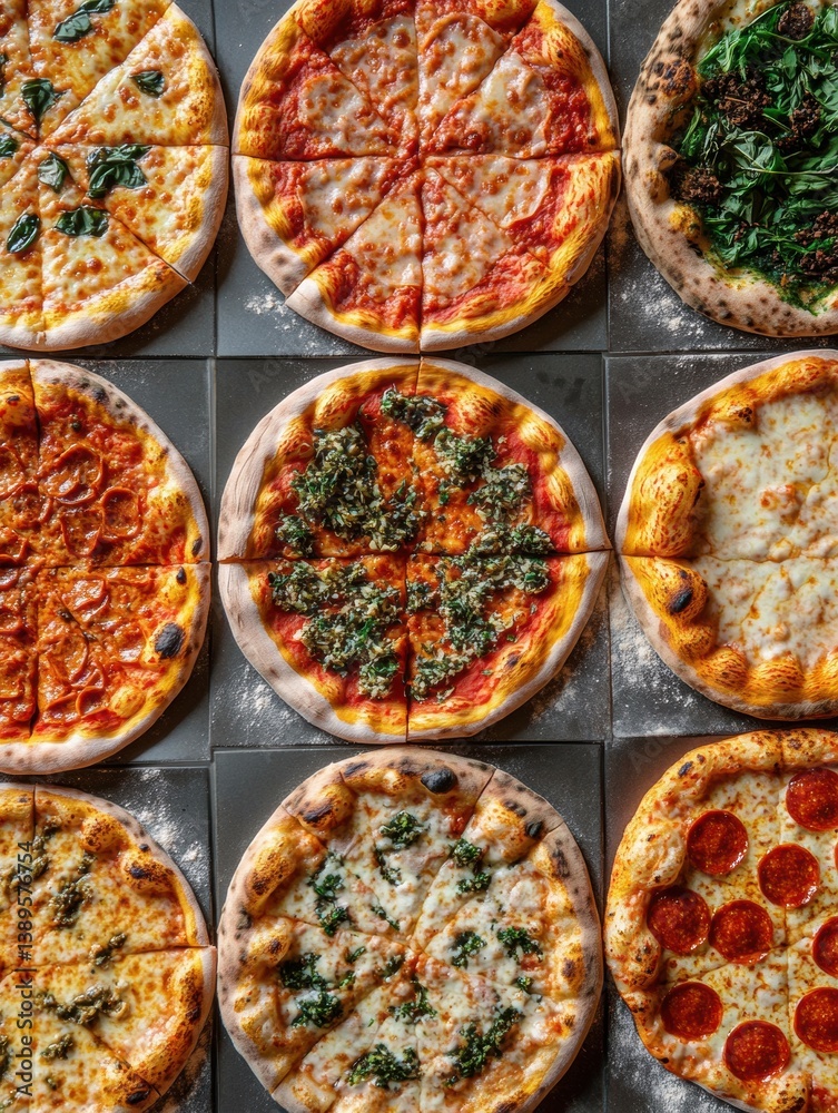 Poster Delicious pizzas arranged in a colorful chessboard pattern featuring various toppings and vibrant sauces on a sunny afternoon