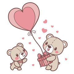 Two cute and cheerful teddy bears enjoy a moment together, one holding a pink heart balloon while the other presents a gift. Their playful demeanor brings smiles and warmth