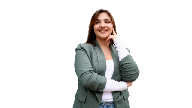 Confident businesswoman thinking, hand resting on chin, professional headshot with warm smile against transparent backdrop