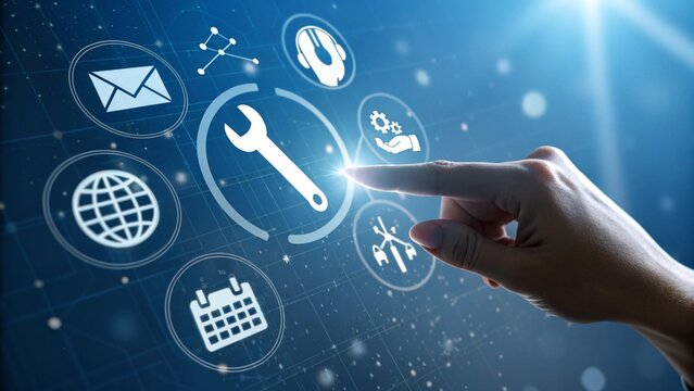 Technical support and customer service concept. Digital icon representing technical support, customer service, and 24/7 assistance. Business technology solutions for global support, service management