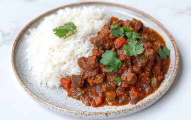 Delicious Spicy Beef Curry with Rice, Cilantro Garnish