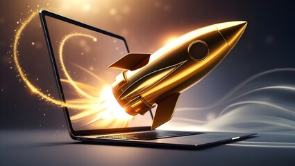 Laptop Launching Golden Rocket: Digital Growth Concept