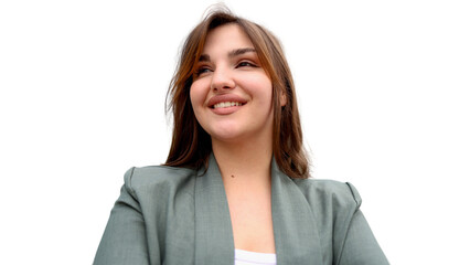 Confident businesswoman smiling upward, professional headshot against transparent backdrop