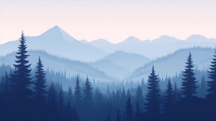 Obraz premium Misty blue mountain range with coniferous forest.