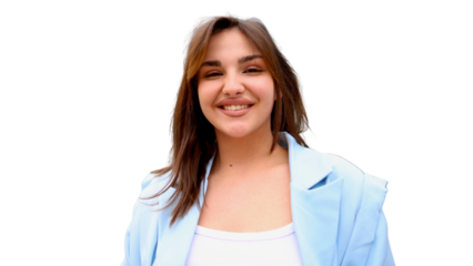 Professional businesswoman smiling confidently, representing workplace success and female leadership on clean background