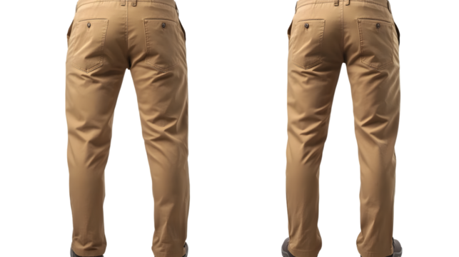 Khaki Brown Men's Pants Front and Back View Isolated on Transparent Background