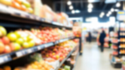 Blurred view of shelves displaying fresh fruits and vegetables inside a grocery store setup