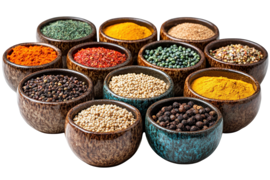 Aromatic spice bowls burst with color a vibrant array of culinary delights in earthy tones