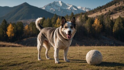 Active dog playing with a soccer ball in a mountainous landscape  