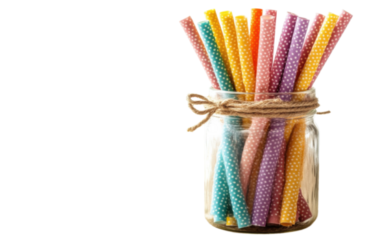 Colorful reusable fabric straws in a glass jar on burlap perfect for eco friendly sipping