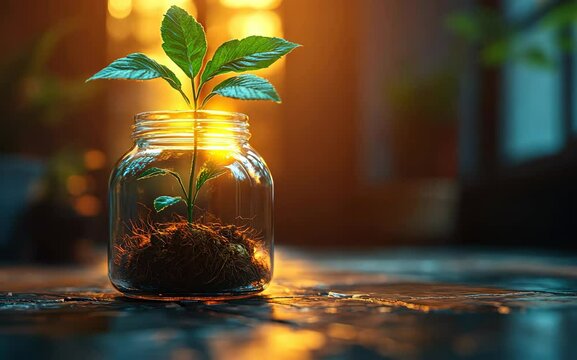 A small tree growing in a jar filled with coins, symbolizing financial growth and investment in a lush outdoor setting.