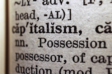 Word capitalism on dictionary page, macro close-up