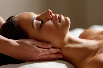 Serene woman receiving a rejuvenating face and neck massage at a luxurious spa, enjoying relaxation, stress relief, and holistic well-being with expert care.