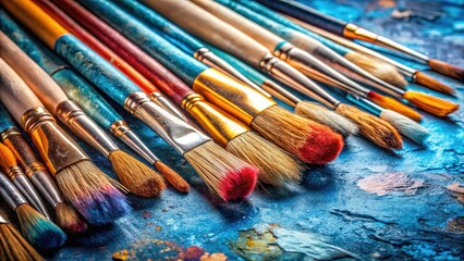 Blue-textured long exposure art brushes and creative workspace painting supplies inspire artistic expression.
