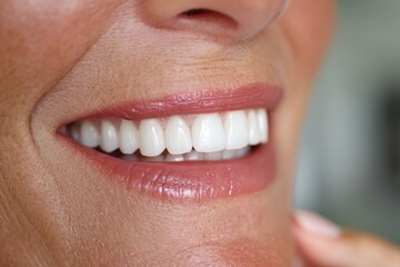 Fototapeta premium Close-up of a woman's healthy smile featuring bright white teeth and glossy lips, showcasing excellent dental hygiene and care with focus on facial beauty.