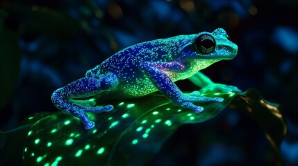 Glowing blue and green frog sitting on a leaf with dark background in a close up shot of the amphibian
