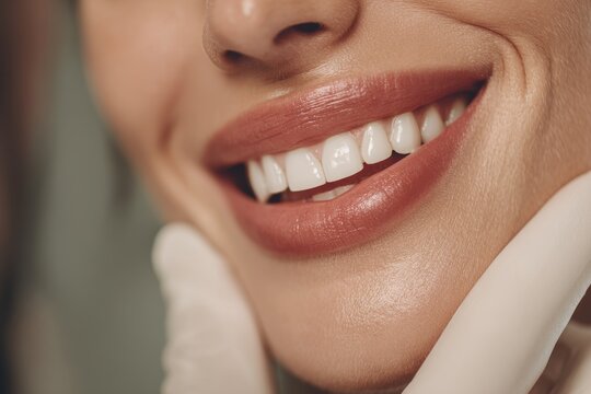 Close-up of a radiant smile with perfectly aligned white teeth and glossy lips, showing excellent dental health and beautiful cosmetic enhancement on soft skin.