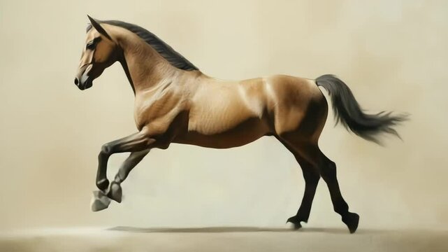 Majestic horse in graceful trot captured in a serene environment with soft lighting and neutral background