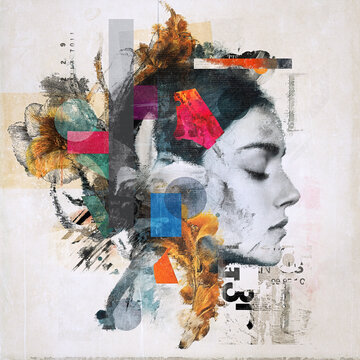 Mental health concept, abstract female collage. Inner world, psychological balance, emotional introspection self-reflection. Therapy, trauma recovery, mind healing, anxiety depression, psychology art